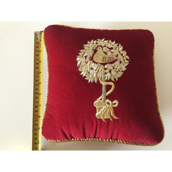Vintage Red Velvet Pillow Set With Gold Embroidered Bird & Green Accent Cushion - Picture 8 of 10